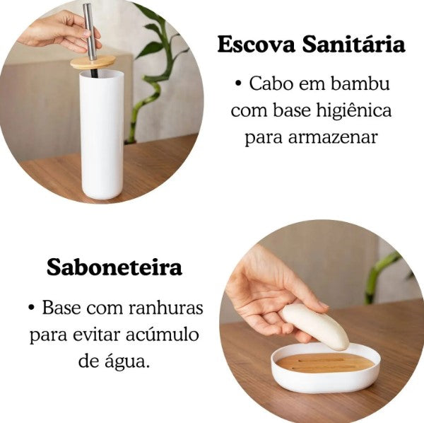 Kit Banheiro em Plástico e Bambu – 6 Peças - Branco