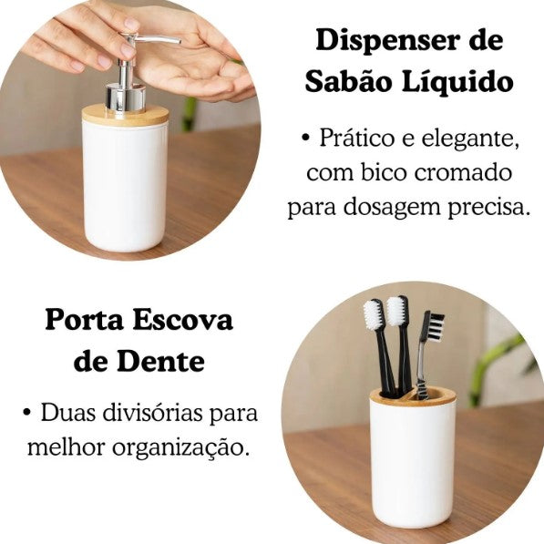 Kit Banheiro em Plástico e Bambu – 6 Peças - Branco