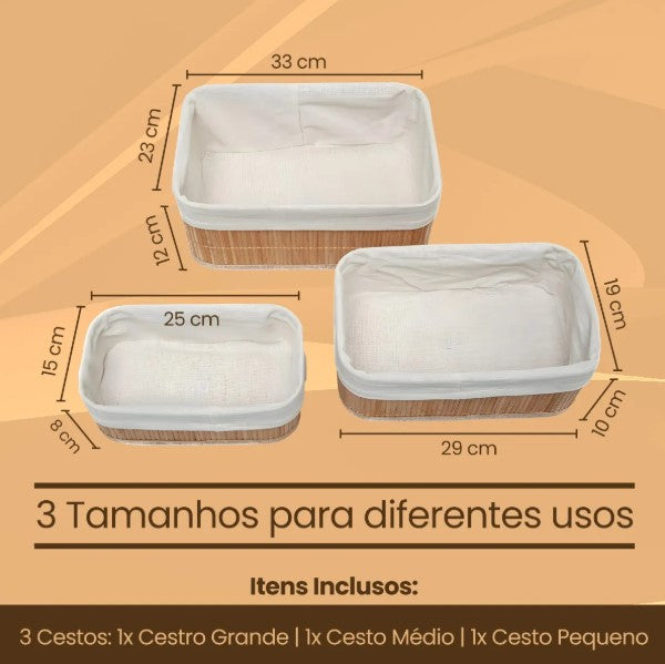 Kit Jogo 3 Cestos Organizadores de Bambu com Forro Removível