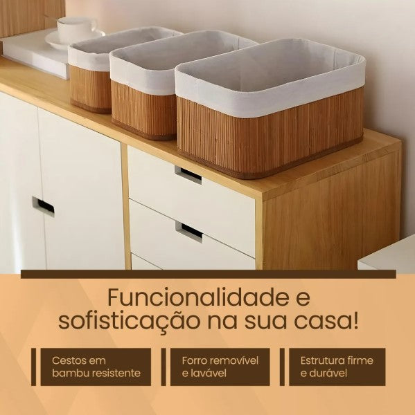 Kit Jogo 3 Cestos Organizadores de Bambu com Forro Removível