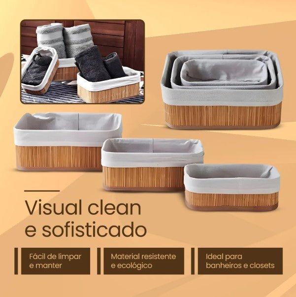 Kit Jogo 3 Cestos Organizadores de Bambu com Forro Removível