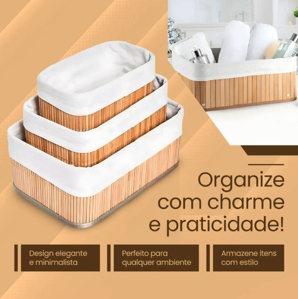 Kit Jogo 3 Cestos Organizadores de Bambu com Forro Removível