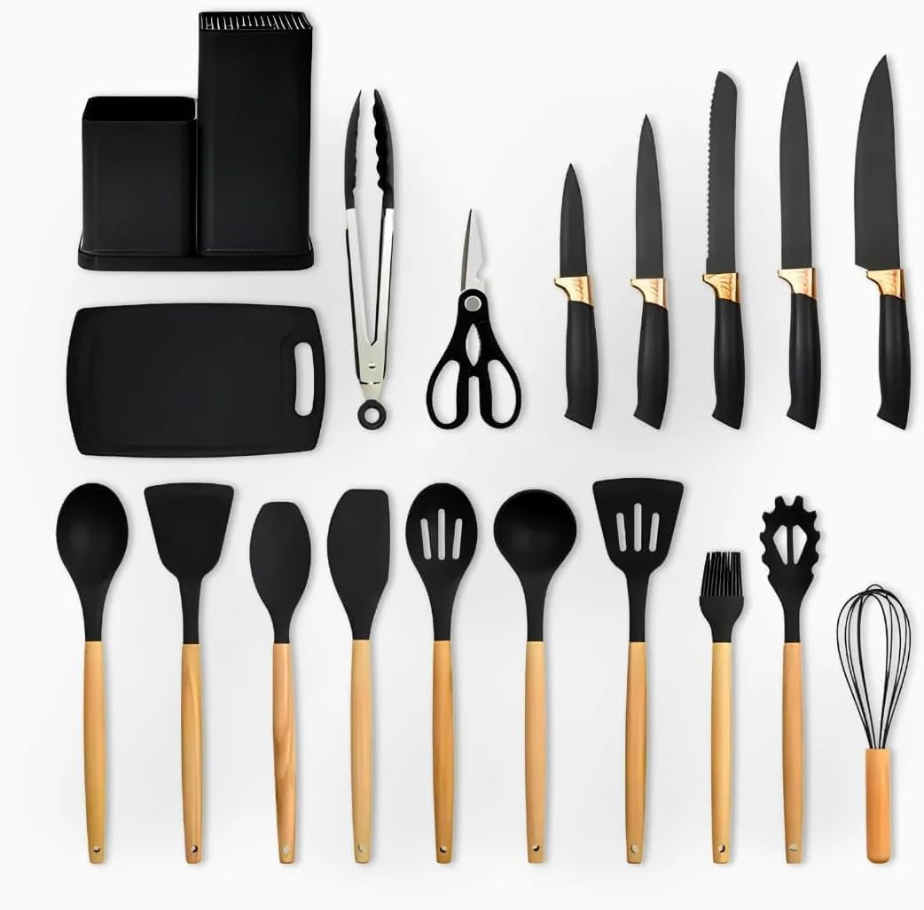 Kit Utensílios de Cozinha 19 Peças – Bege e Madeira