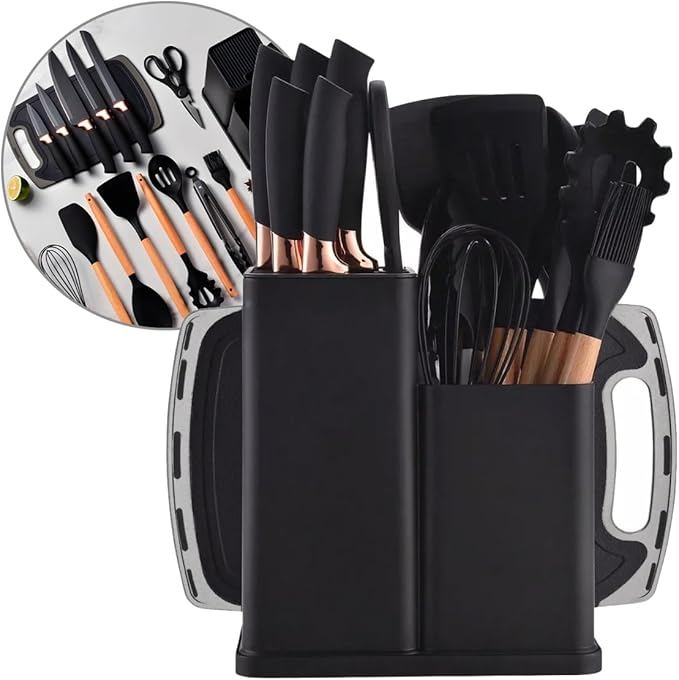 Kit Utensílios de Cozinha 19 Peças – Preto e Madeira