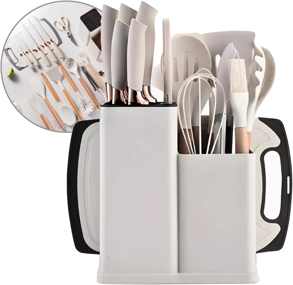Kit Utensílios de Cozinha 19 Peças – Bege e Madeira