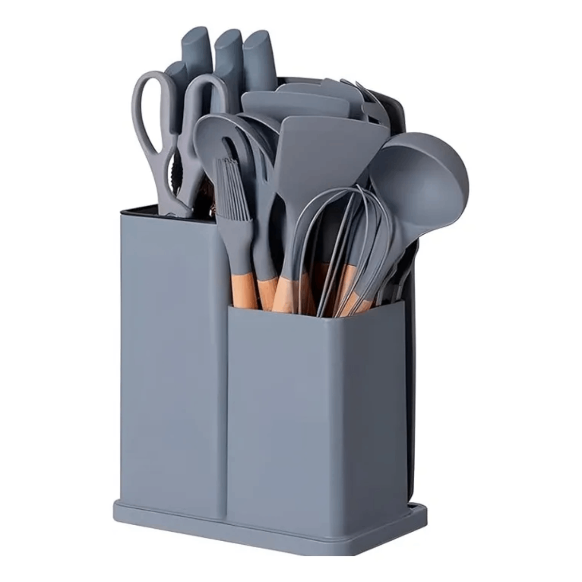 Kit Utensílios de Cozinha 19 Peças – Cinza e Madeira
