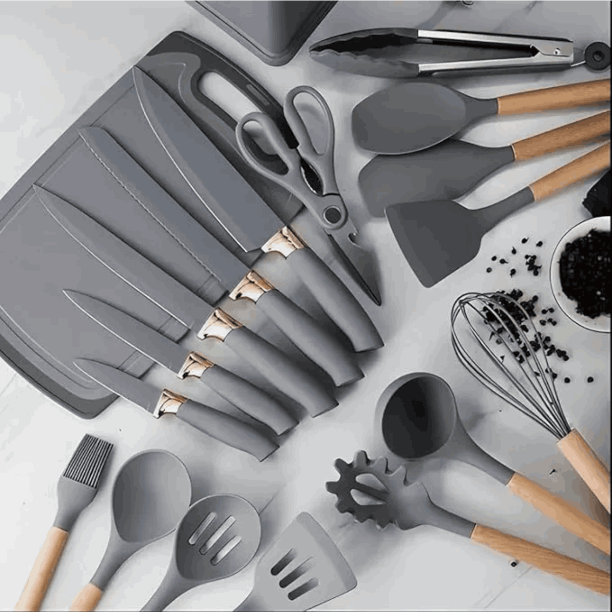 Kit Utensílios de Cozinha 19 Peças – Cinza e Madeira