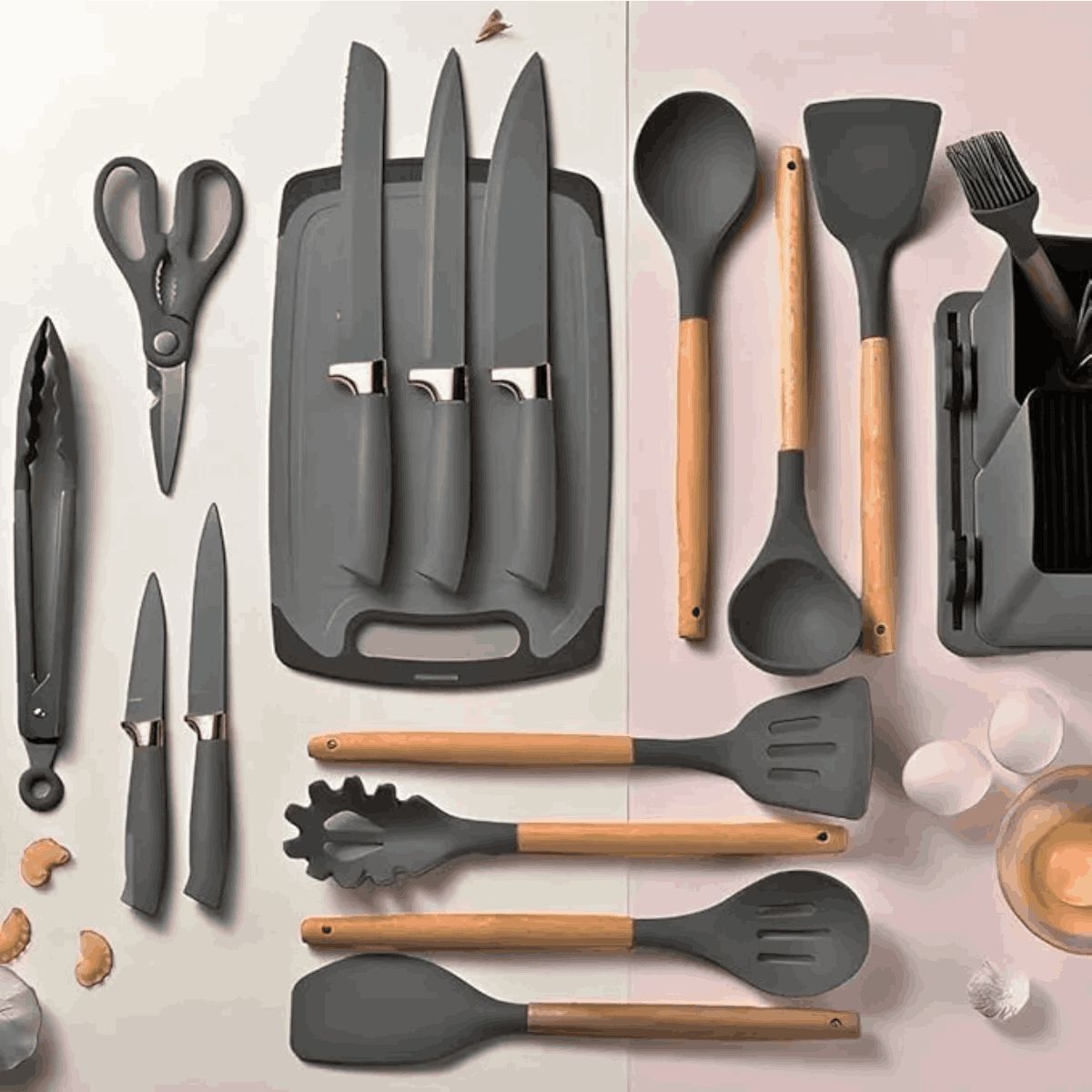 Kit Utensílios de Cozinha 19 Peças – Cinza e Madeira