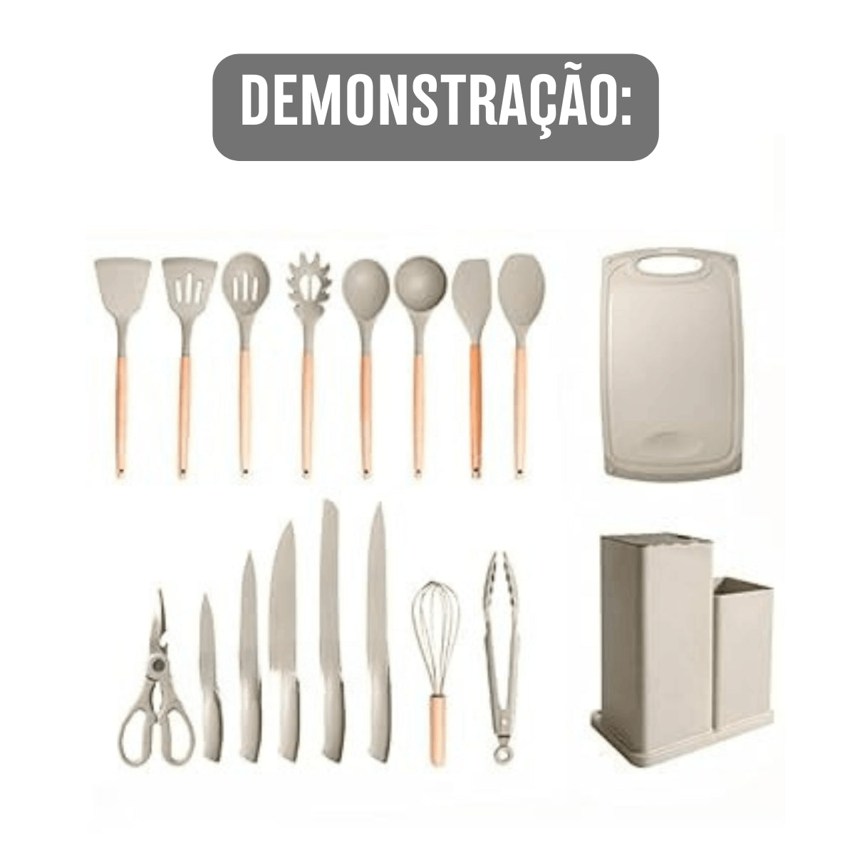 Kit Utensílios de Cozinha 19 Peças – Cinza e Madeira