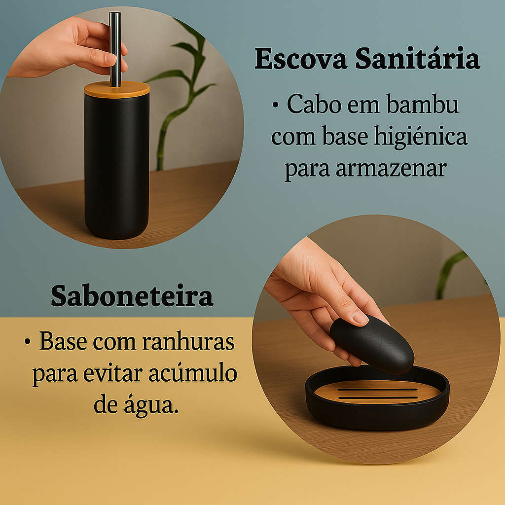 Kit Banheiro em Plástico e Bambu com 6 Peças - Preto