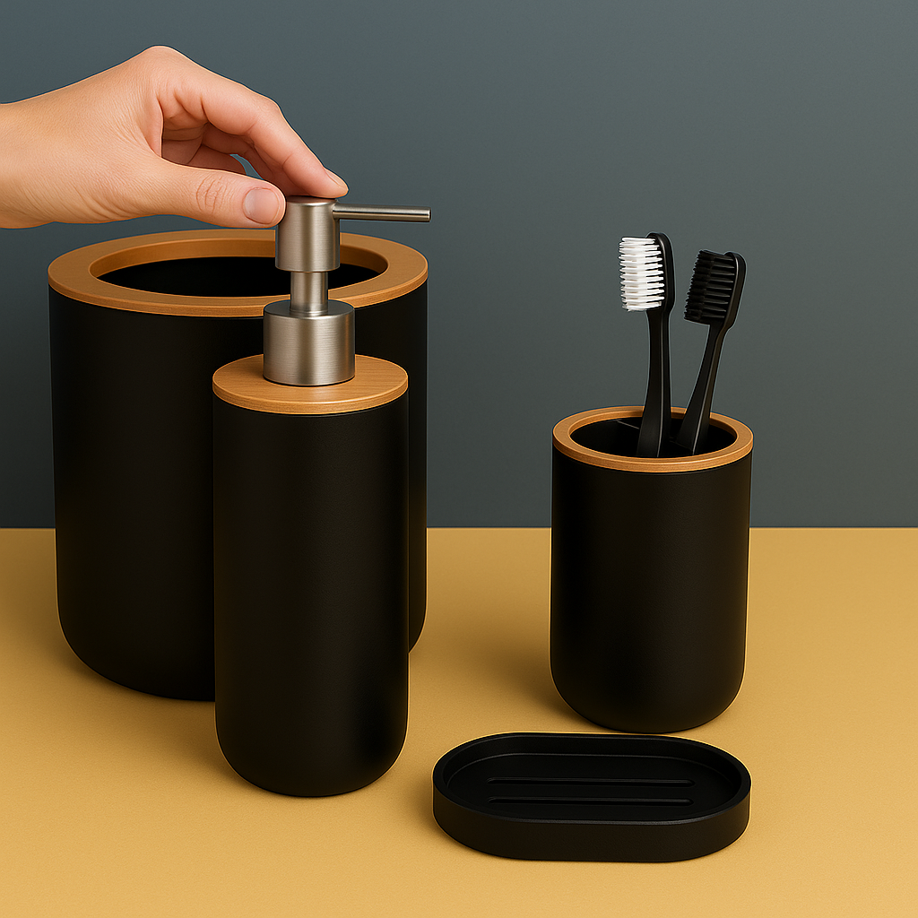Kit Banheiro em Plástico e Bambu com 6 Peças - Preto