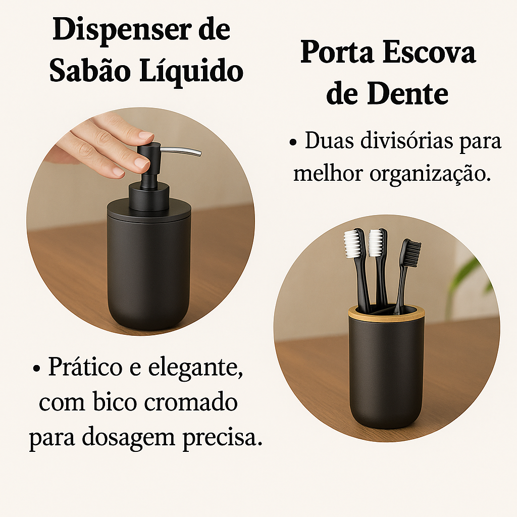 Kit Banheiro em Plástico e Bambu com 6 Peças - Preto