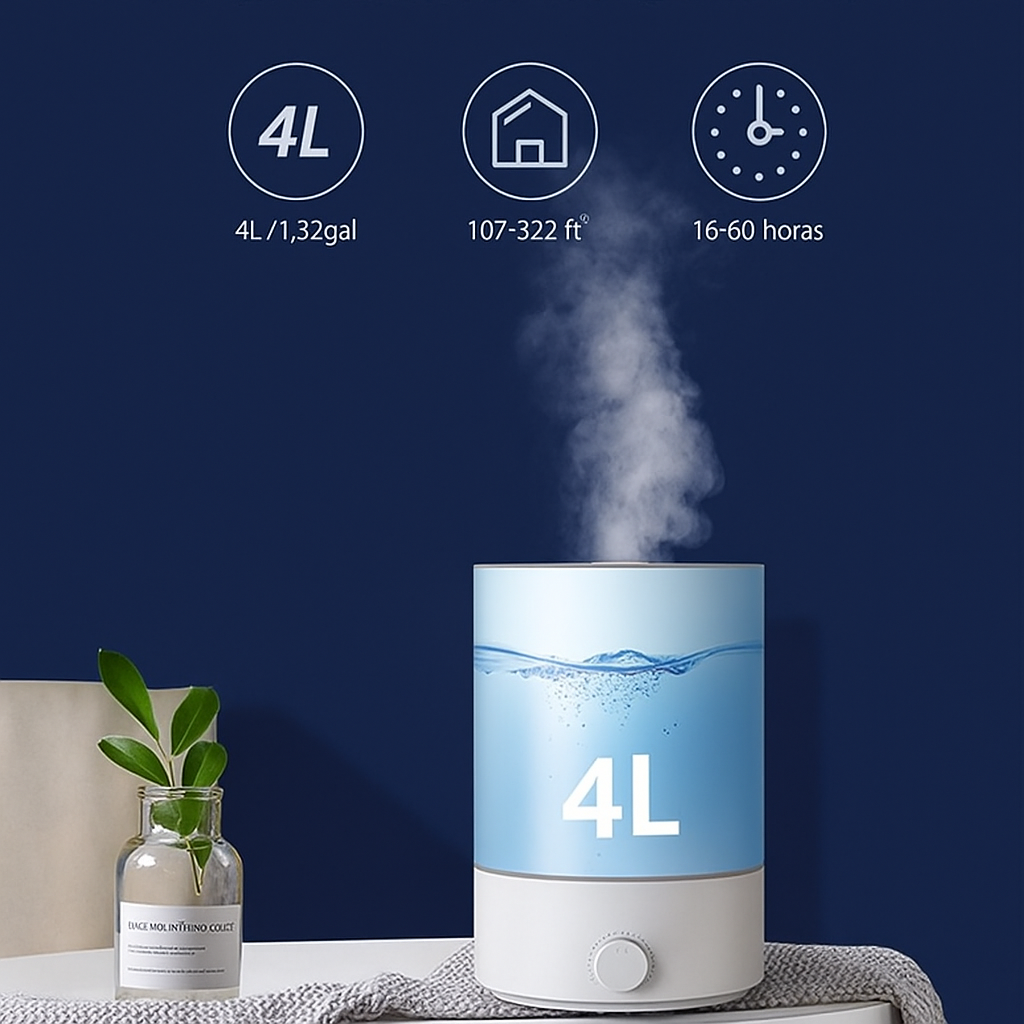 Difusor de Aromas 4L com LED, Bicos Direcionais e Compartimento para Óleos Essenciais