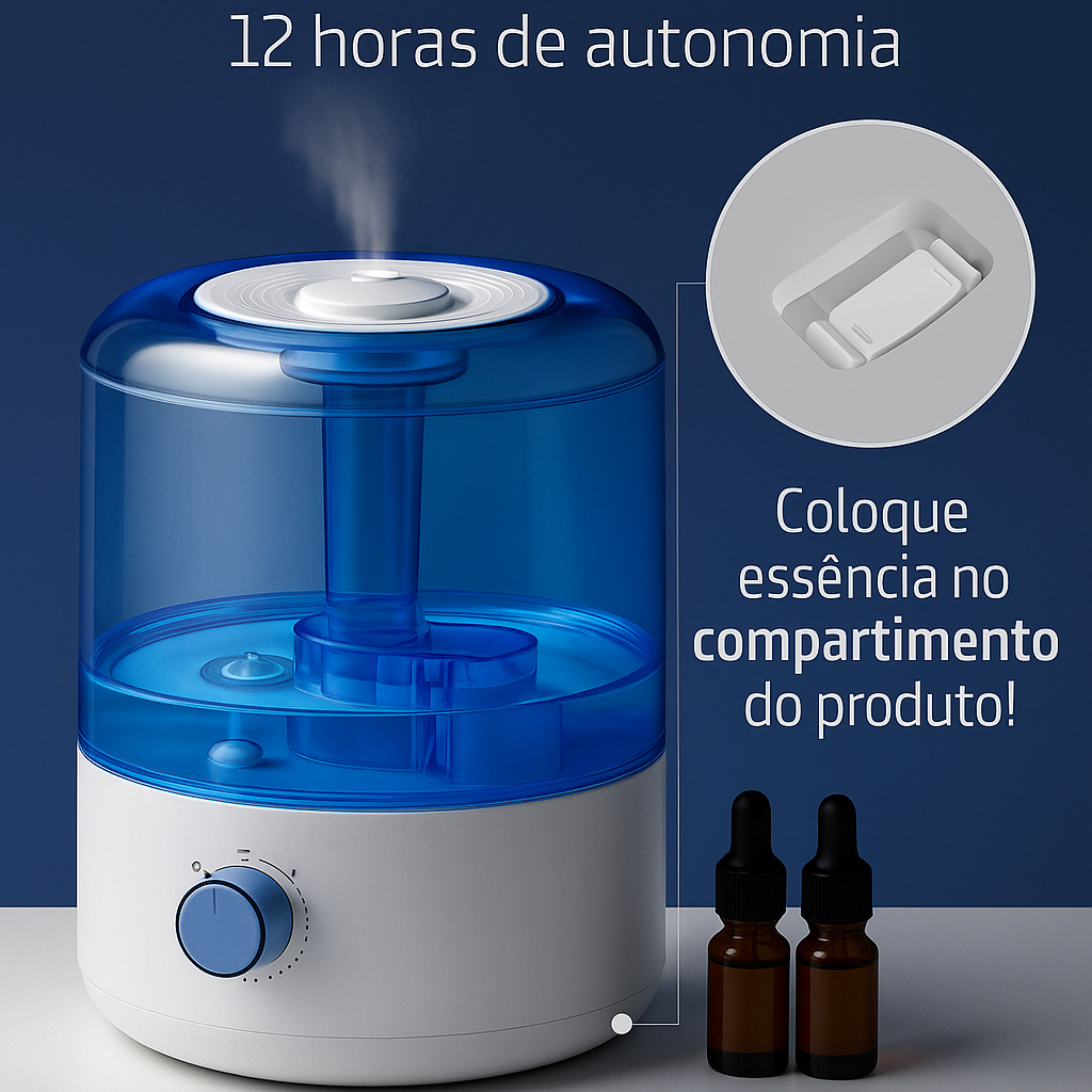 Difusor de Aromas 3L com LED, 2 Bicos e Compartimento para Óleos Essenciais