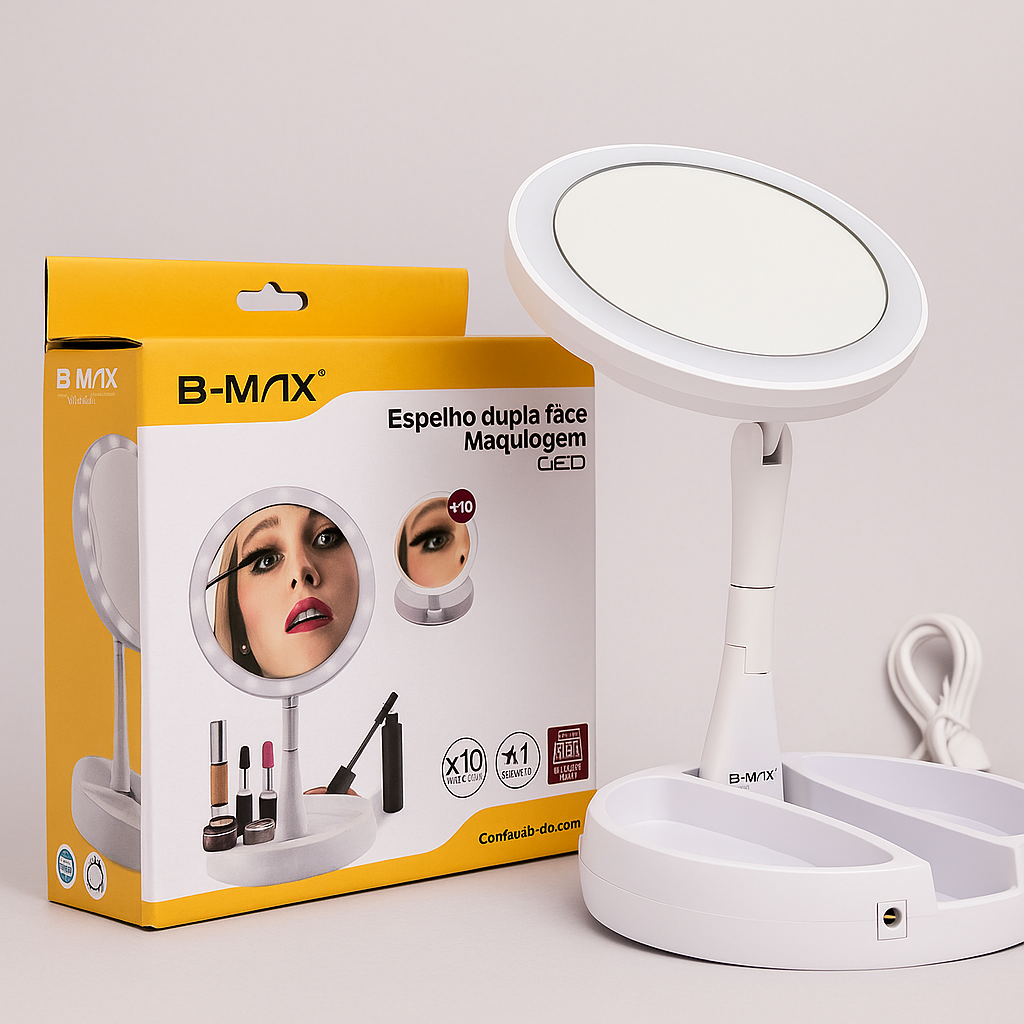 Espelho Dupla Face 360° com USB-C – Praticidade e Elegância
