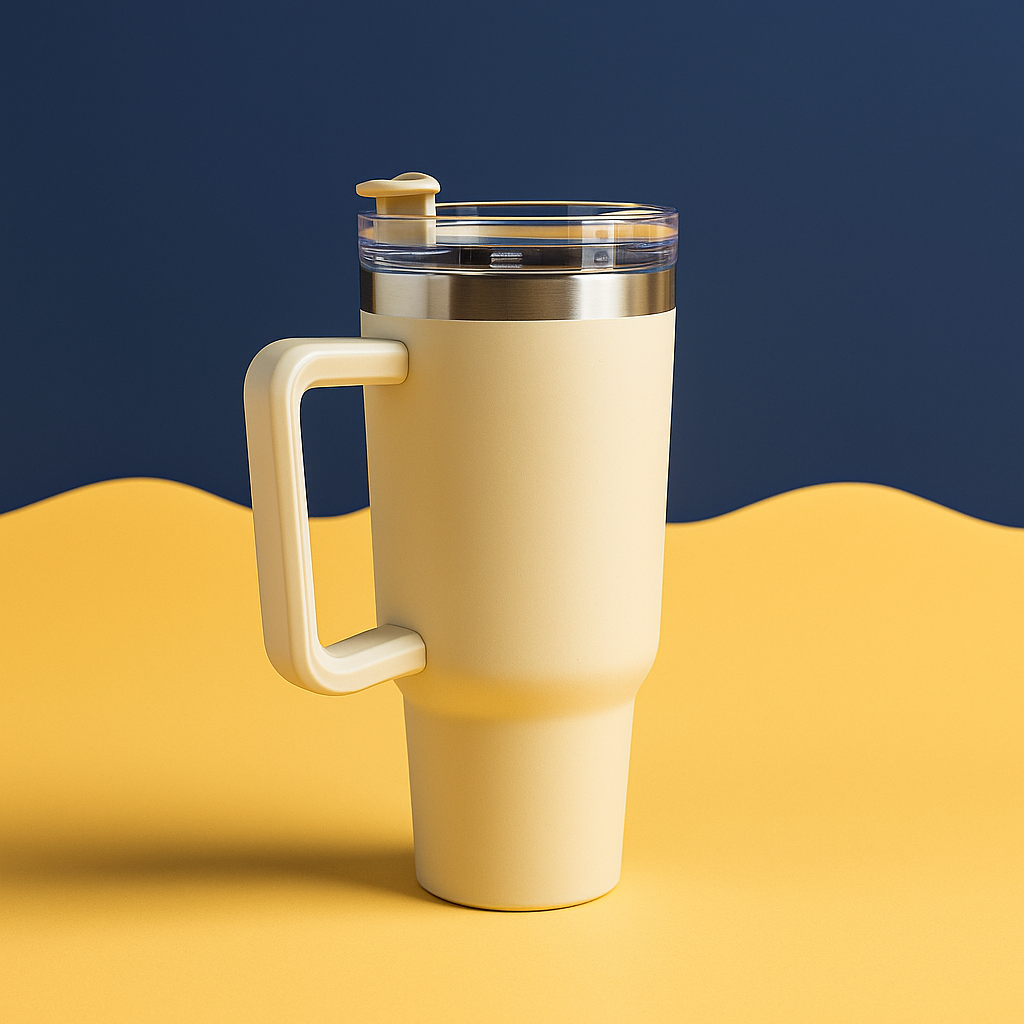 Copo Quencher Caneca Inox com Alça e Canudo (1200 ml) - Bege