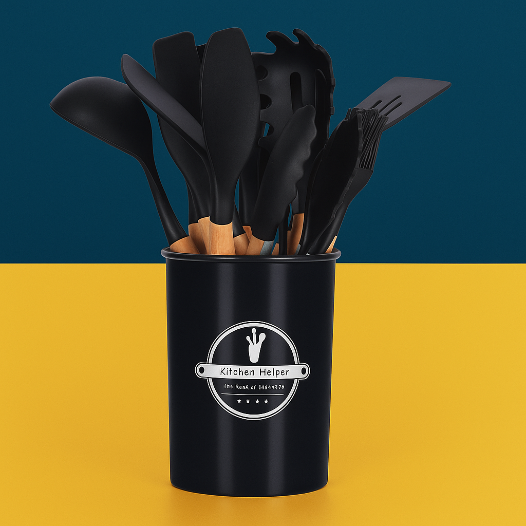 Conjunto de Utensílios de Cozinha 12Pçs - Silicone e Cabo de Madeira- Preto / Madeira