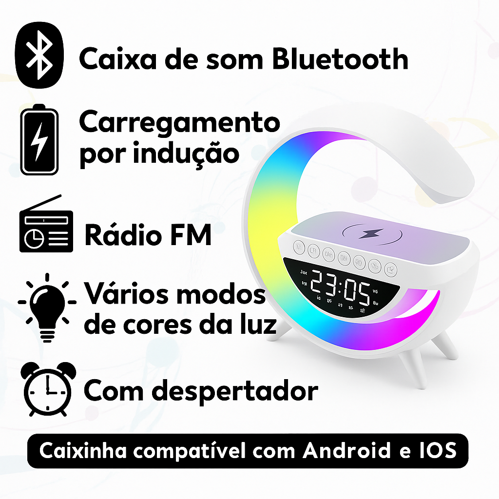 Smart Speaker 4 em 1 – Relógio, LED, Bluetooth e Indução