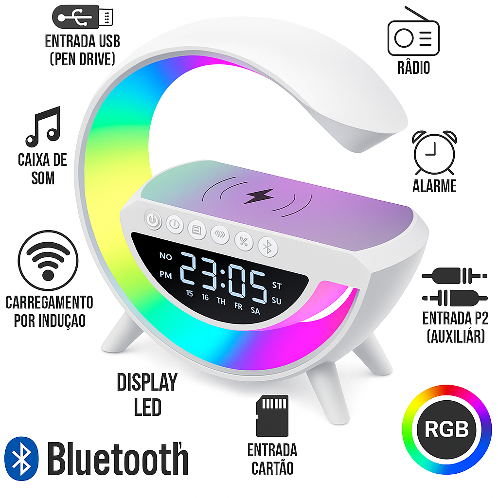 Smart Speaker 4 em 1 – Relógio, LED, Bluetooth e Indução