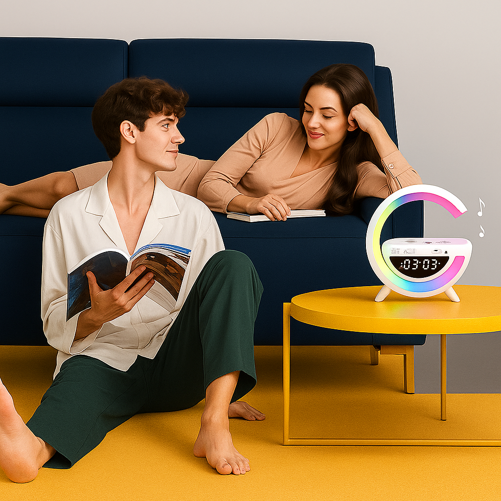 Smart Speaker 4 em 1 – Relógio, LED, Bluetooth e Indução