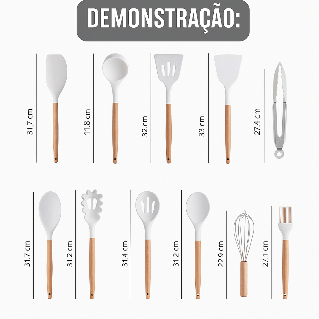 Kit Utensílios de Cozinha 19 Peças – Cinza e Madeira