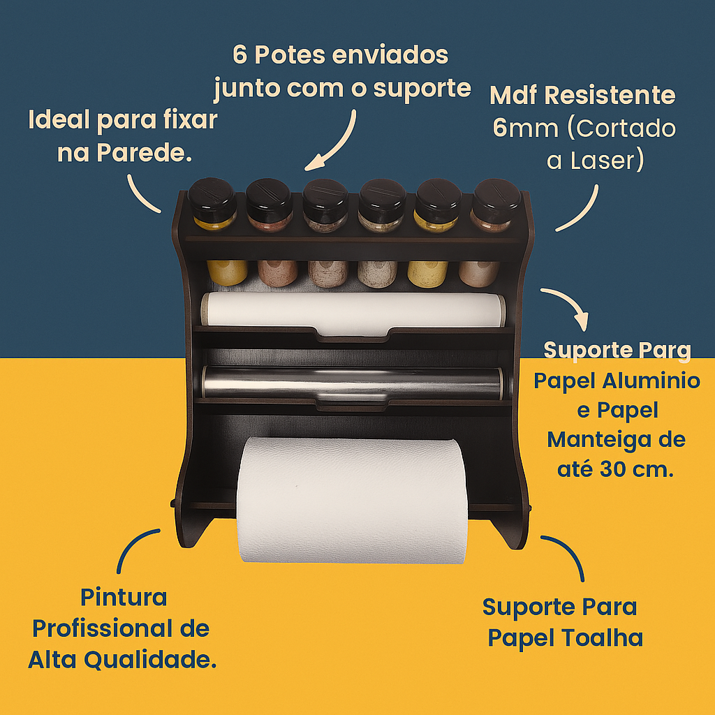 Porta-Tempero de Parede 6 Potes + Suporte Papéis