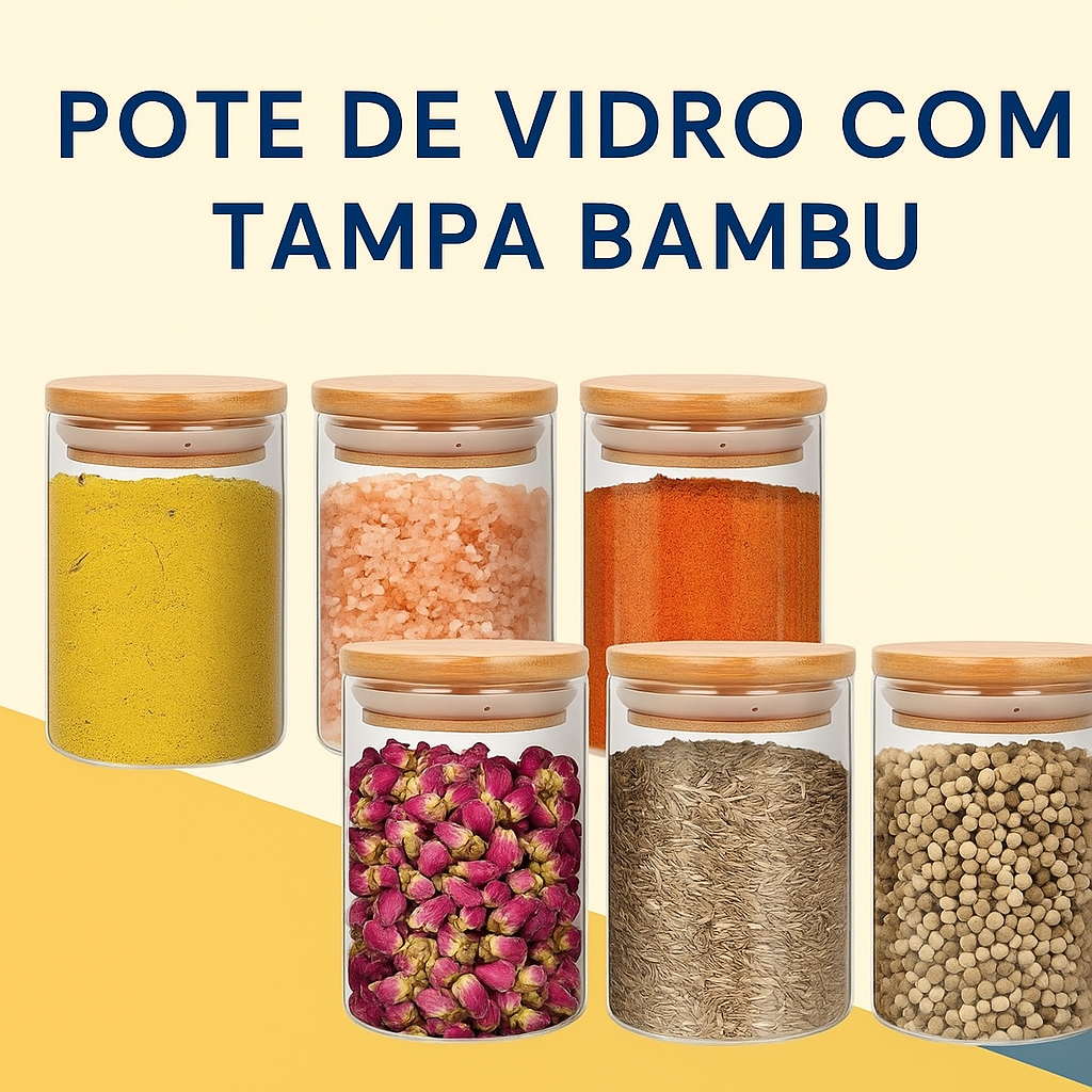 Kit Potes de Vidro 200ml com Tampa de Bambu