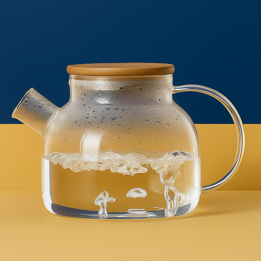Chaleira de Vidro 1L com Tampa de Bambu e Infusor