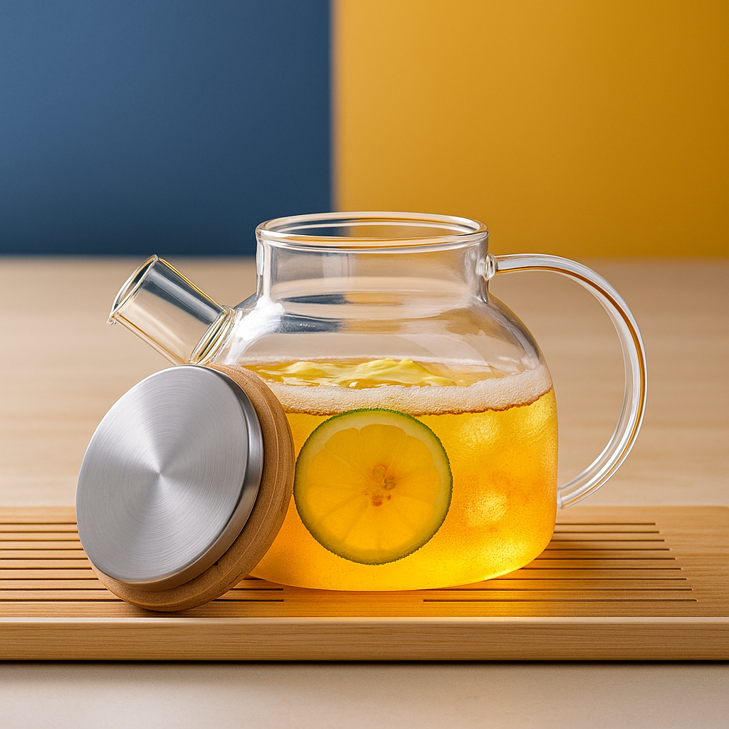 Chaleira de Vidro 1L com Tampa de Bambu e Infusor