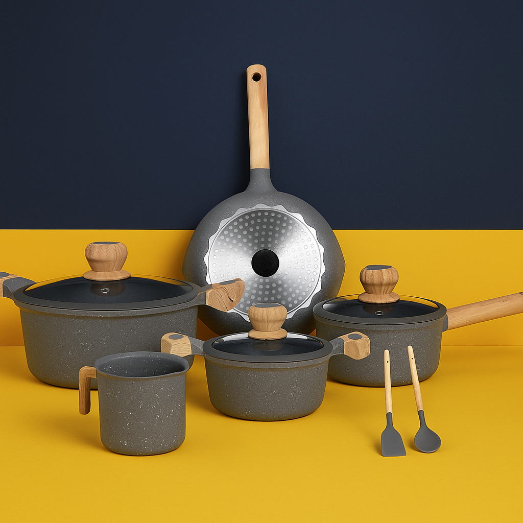 Jogo de panelas 10 peças com revestimento cerâmico antiaderente, tampas de vidro e cabos soft-touch