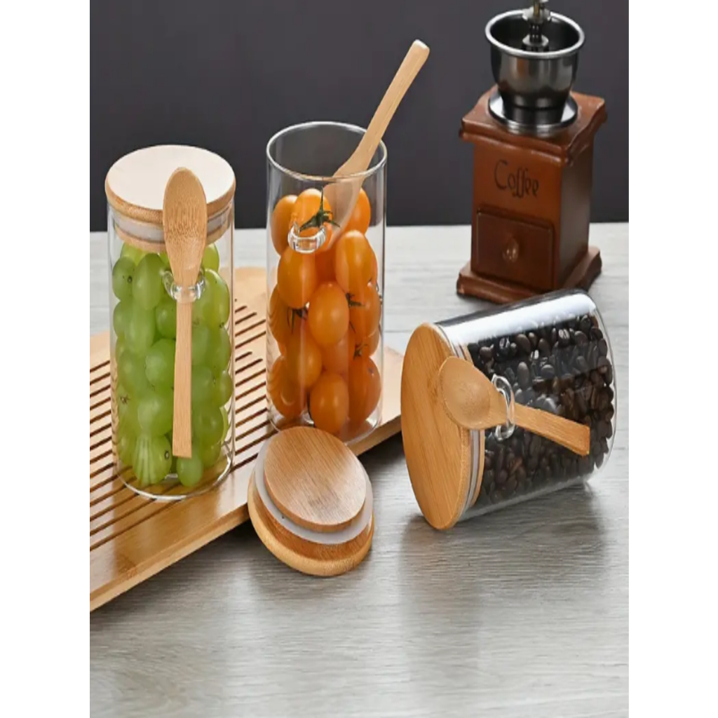 Kit 3 Pote De Vidro Hermético Tampa De Bambu 400ml Com Colher De Bambu