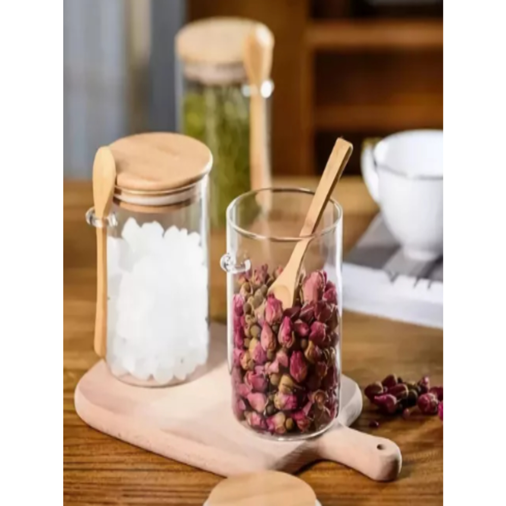 Kit 3 Pote De Vidro Hermético Tampa De Bambu 400ml Com Colher De Bambu