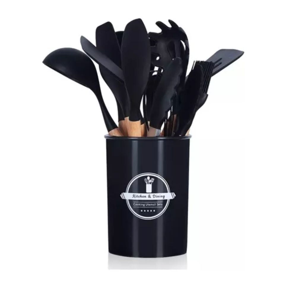 Kit Utensílios de Cozinha 12 Peças – Silicone e Cabo de Madeira - Preto