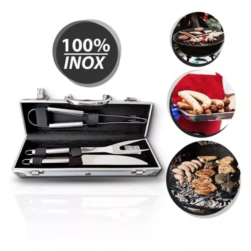 Kit Churrasco 3 Peças Inox com Maleta Alumínio