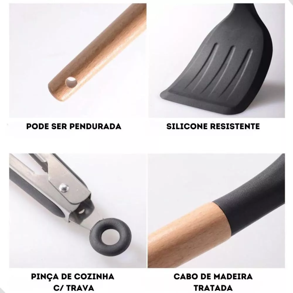 Kit Utensílios de Cozinha 19 Peças – Bege e Madeira