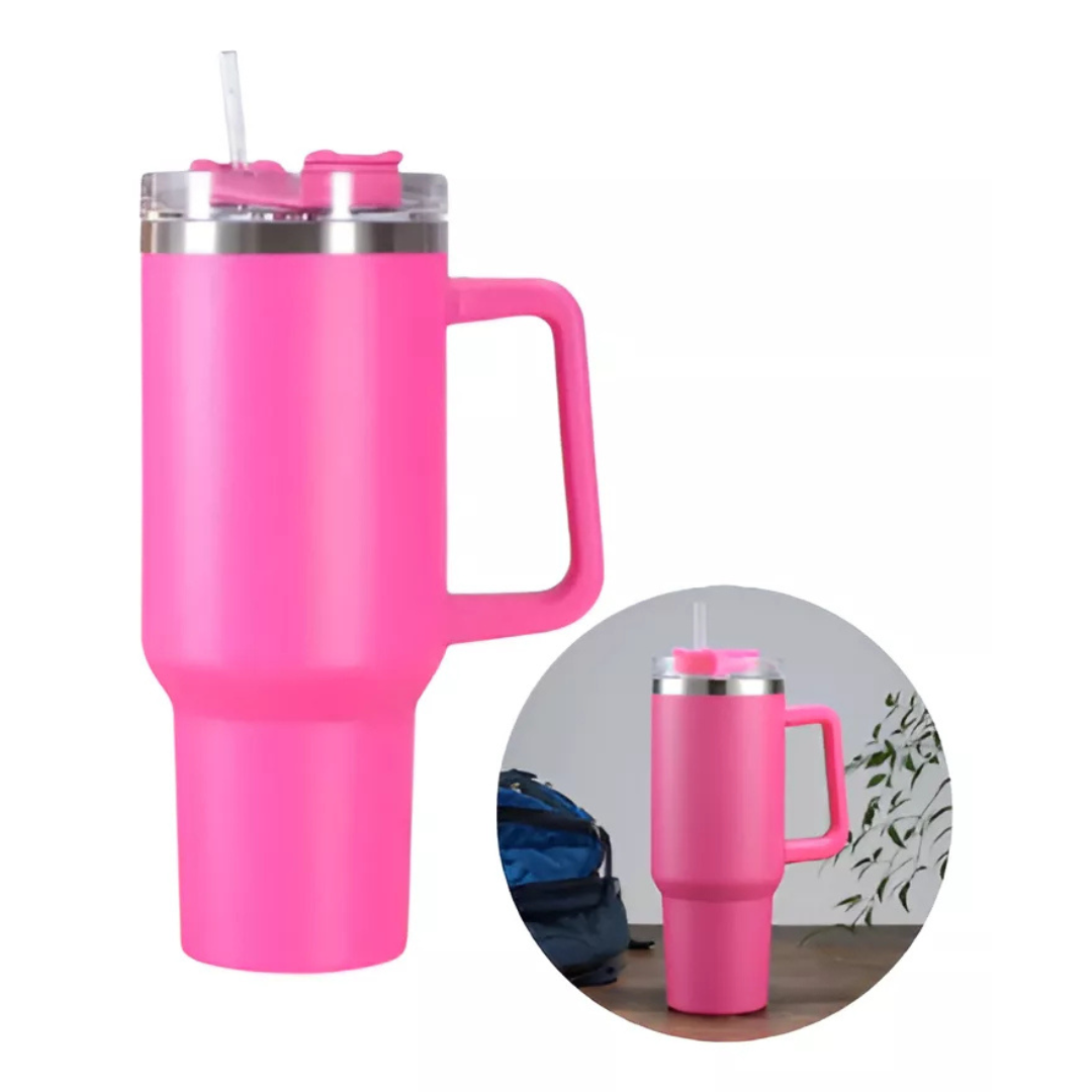 Copo Quencher Caneca Inox com Alça e Canudo (1200 ml) - Pink