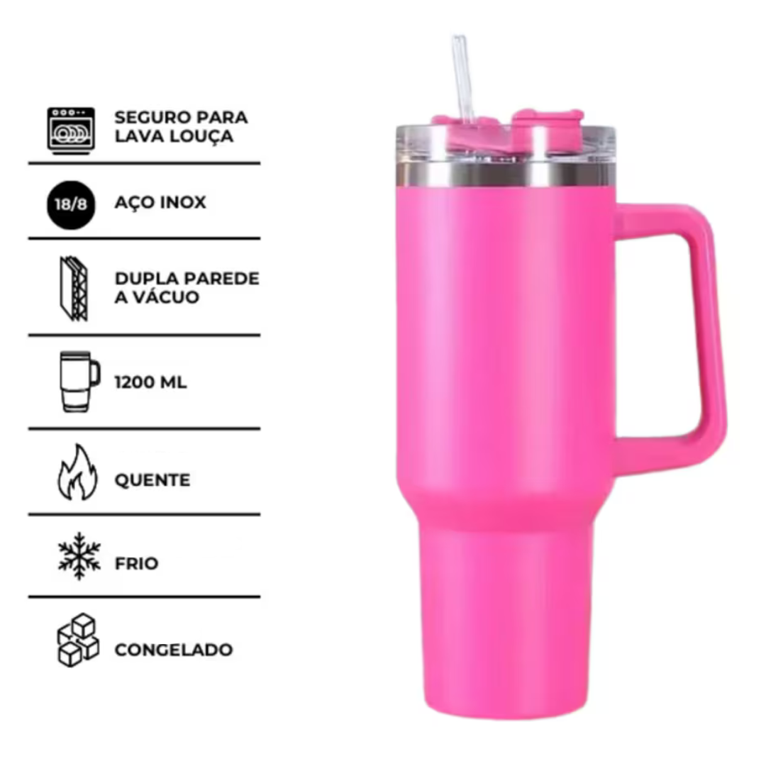 Copo Quencher Caneca Inox com Alça e Canudo (1200 ml) - Pink