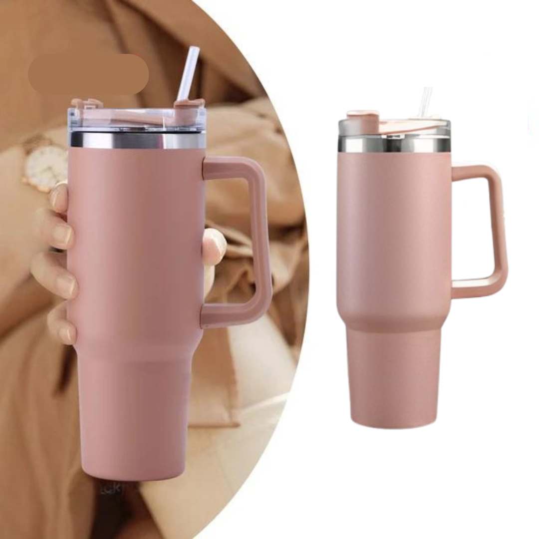 Copo Quencher Caneca Inox com Alça e Canudo (1200 ml) - Rosê