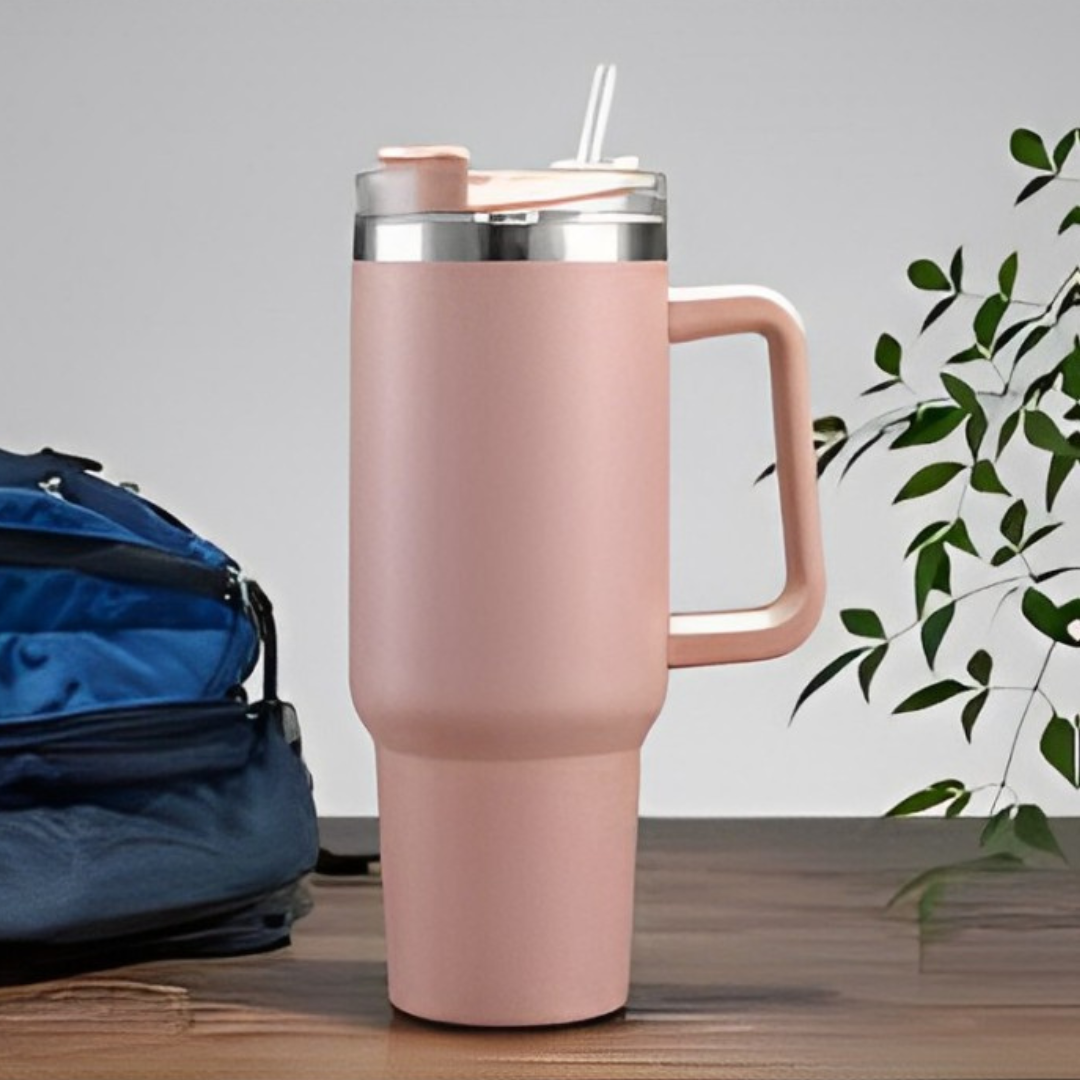 Copo Quencher Caneca Inox com Alça e Canudo (1200 ml) - Rosê