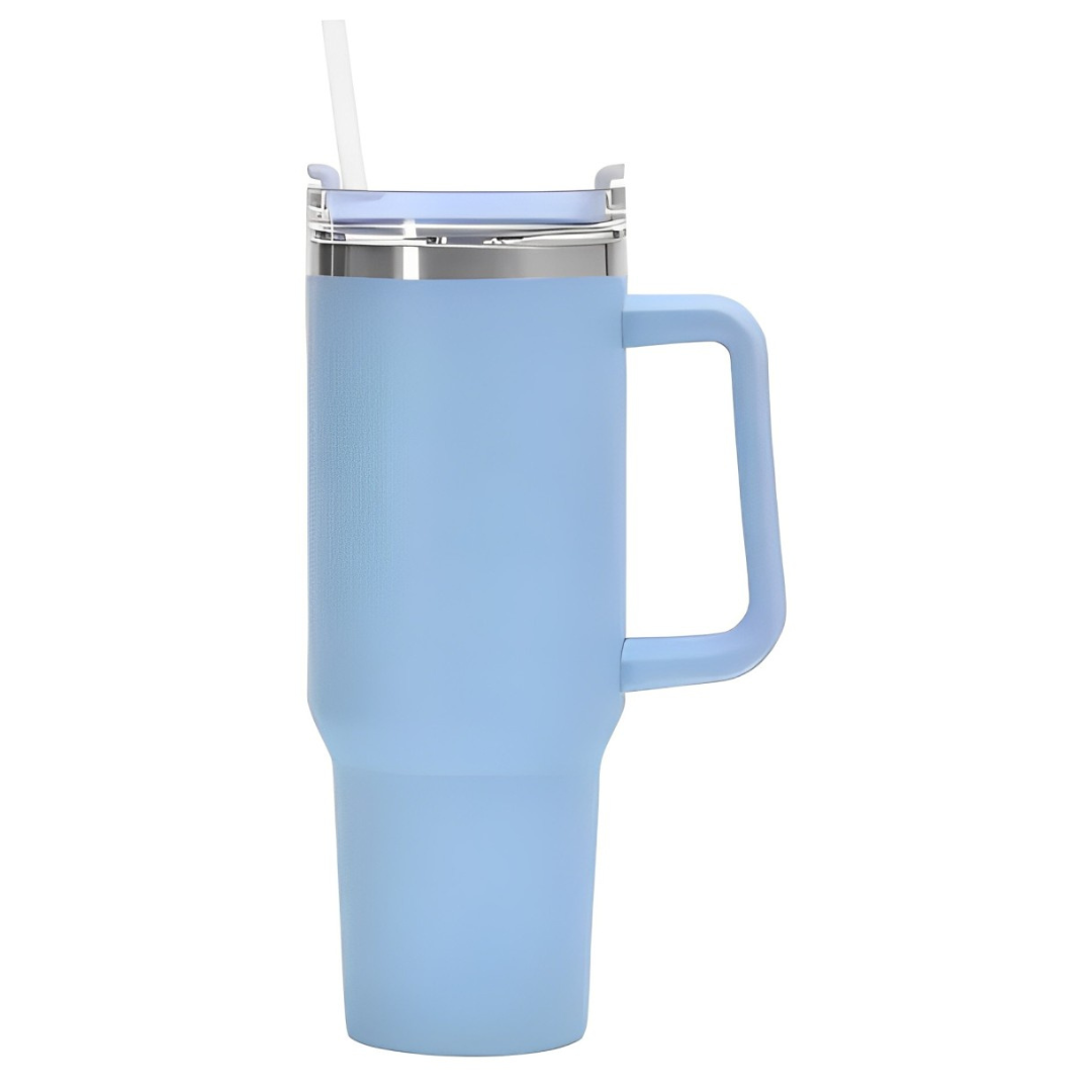 Copo Quencher Caneca Inox com Alça e Canudo (1200 ml) - Azul Bebê