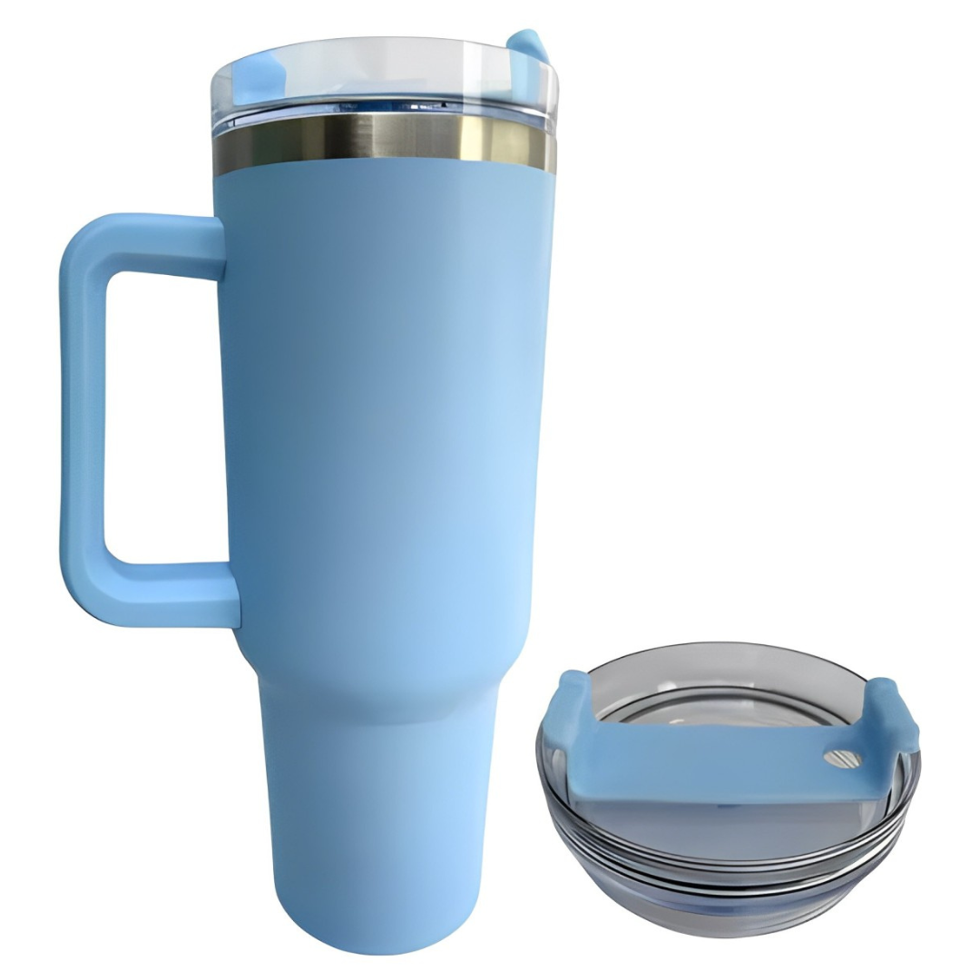 Copo Quencher Caneca Inox com Alça e Canudo (1200 ml) - Azul Bebê