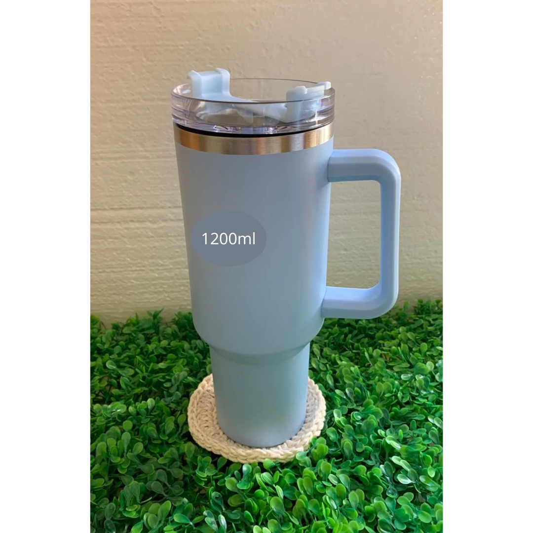 Copo Quencher Caneca Inox com Alça e Canudo (1200 ml) - Azul Bebê