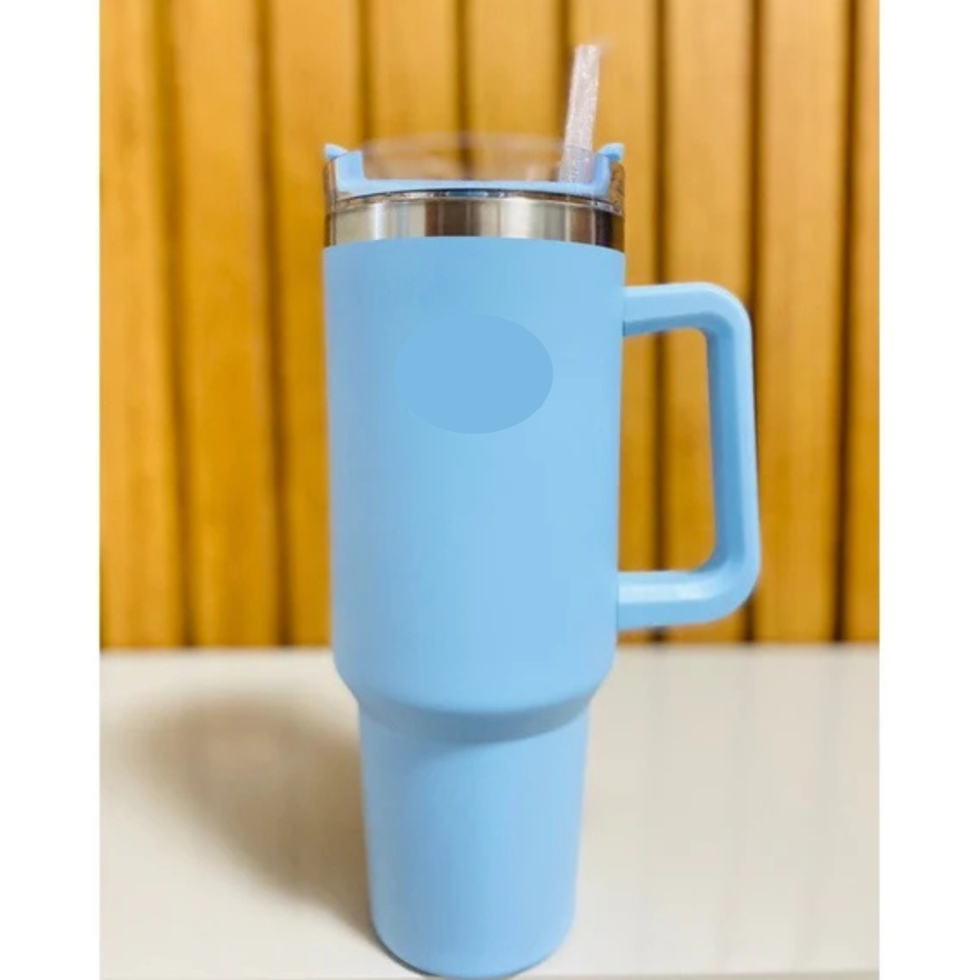 Copo Quencher Caneca Inox com Alça e Canudo (1200 ml) - Azul Bebê