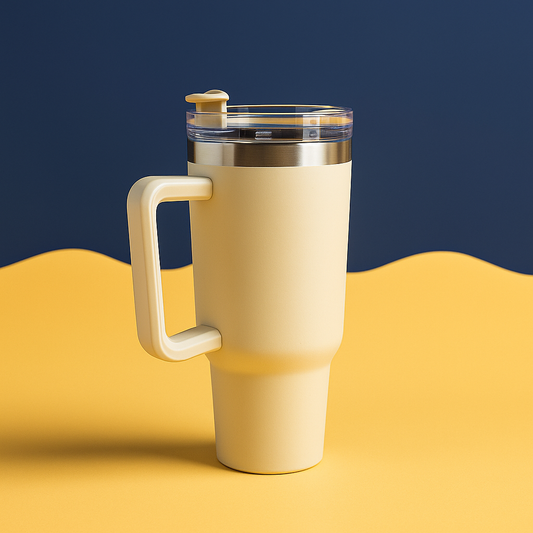 Copo Quencher Caneca Inox com Alça e Canudo (1200 ml) - Bege
