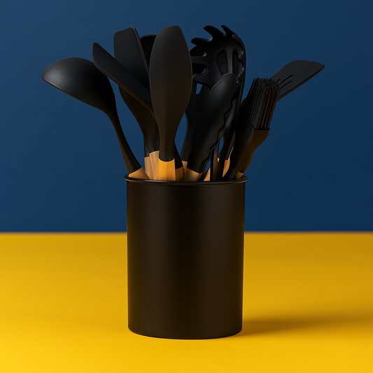 Kit Utensílios de Cozinha 12 Peças – Silicone e Cabo de Madeira - Preto