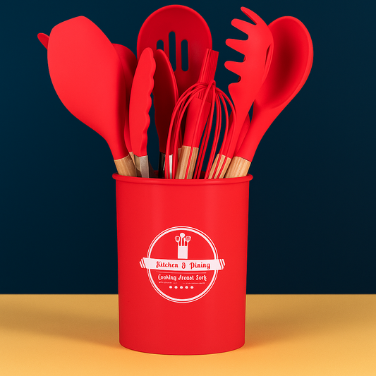 Conjunto de Utensílios de Cozinha 12Pçs - Silicone e Cabo de Madeira - Vermelho / Madeira
