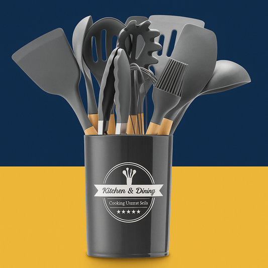 Conjunto de Utensílios de Cozinha 12Pçs - Silicone e Cabo de Madeira- Cinza/ Madeira