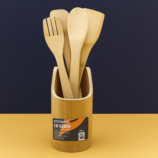 Kit Utensílios de Bambu 5pçs com Suporte