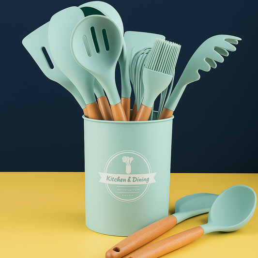 Conjunto de Utensílios de Cozinha 12Pçs - Silicone e Cabo de Madeira - Verde/ Madeira