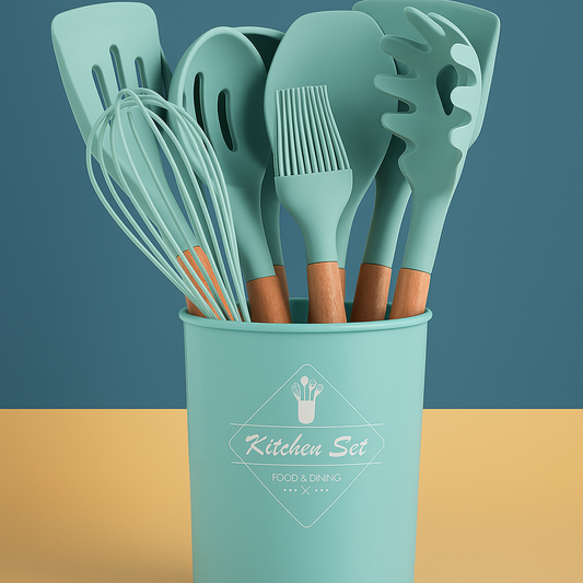 Conjunto de Utensílios de Cozinha 12Pçs - Silicone e Cabo de Madeira - Azul/ Madeira